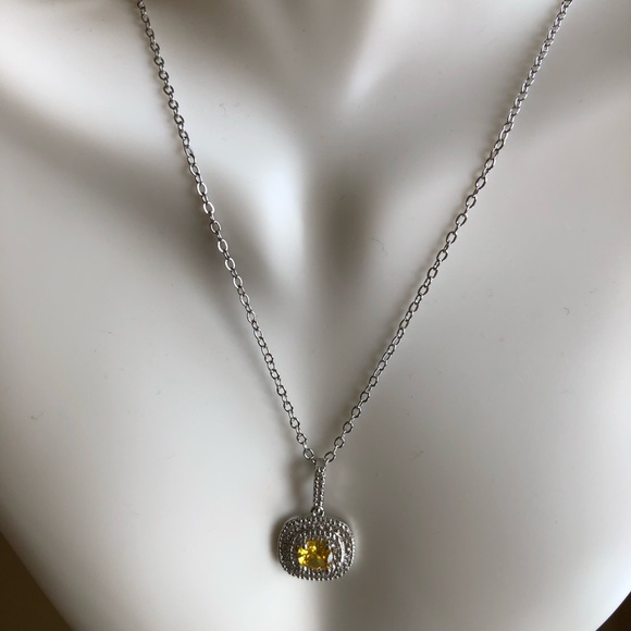 Classic Silver and Yellow Square Shape Zirconia Crystal Earrings Necklace Set - Picture 3 of 6